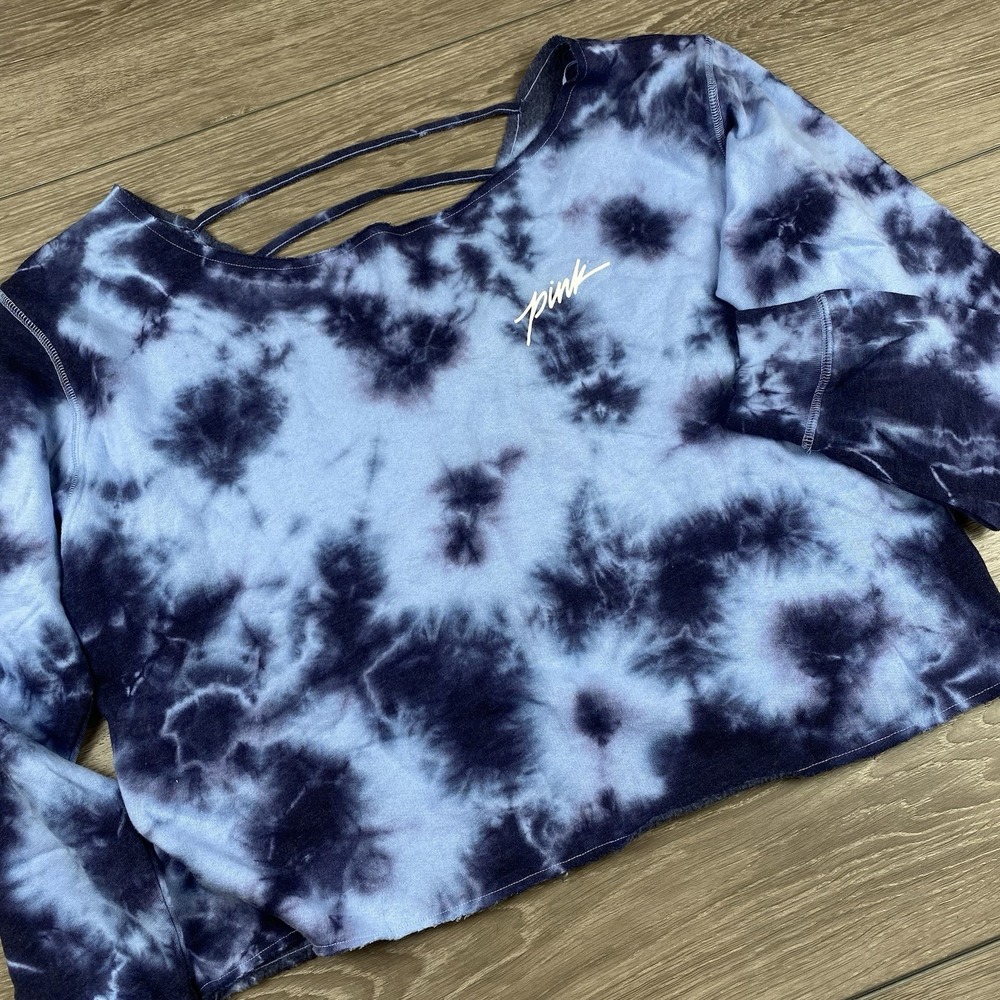 Victoria's Secret PINK Women's Cropped Sweatshirt Blue Tie‎ Dye Medium New